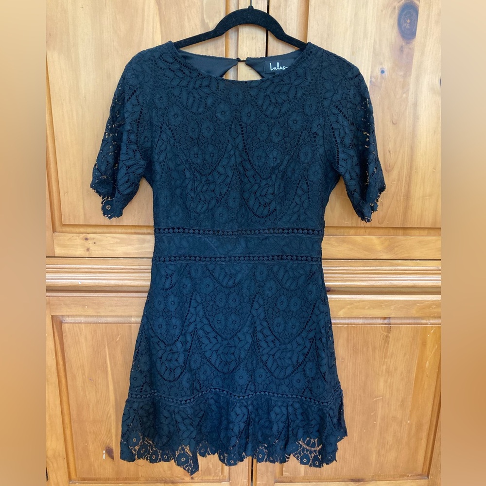 Lulus black lace open back mini dress